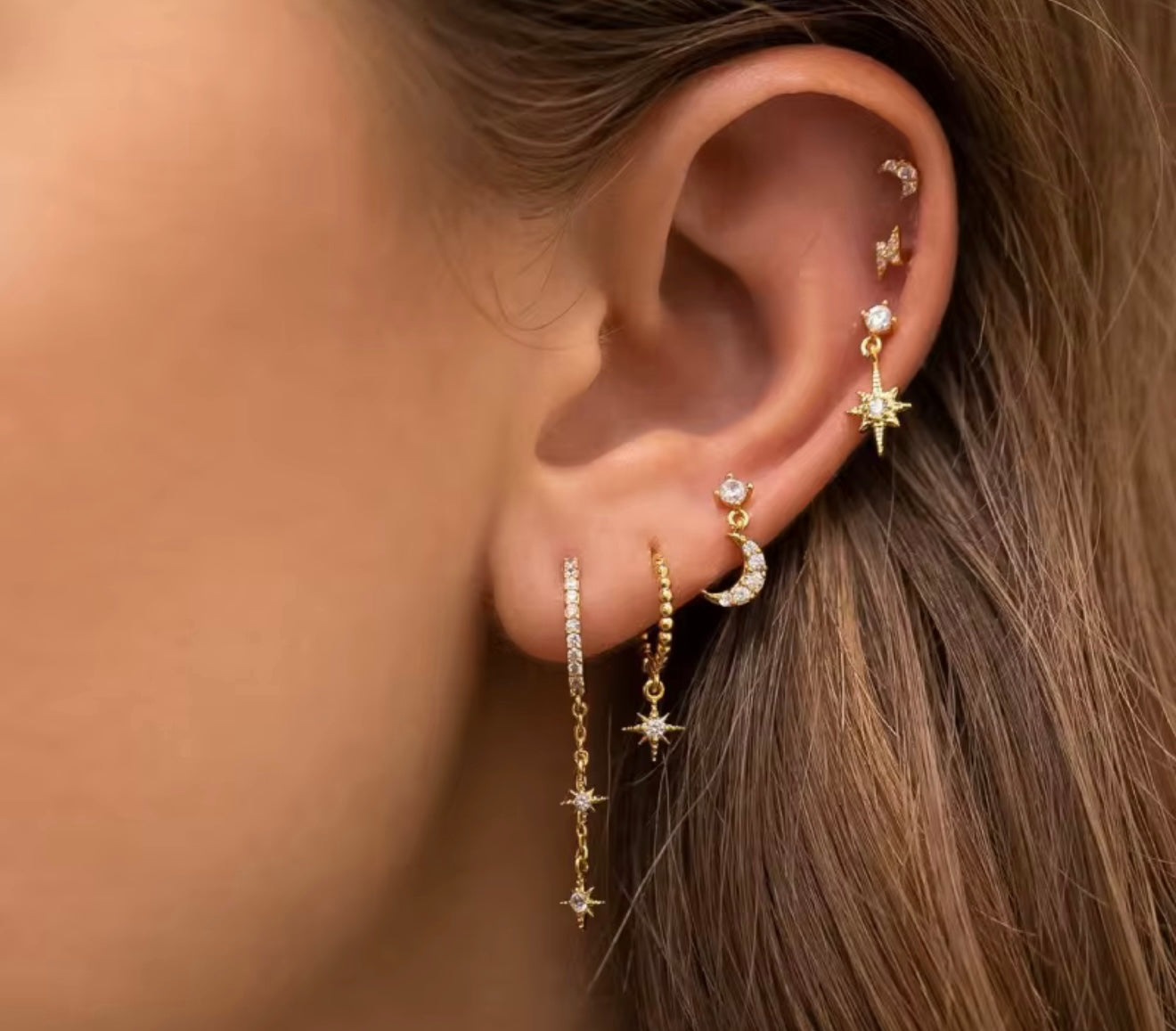Gold Celestial Multi-Piercing Earring Set – 18K PVD Gold Plated Star, Moon & Huggie Hoops