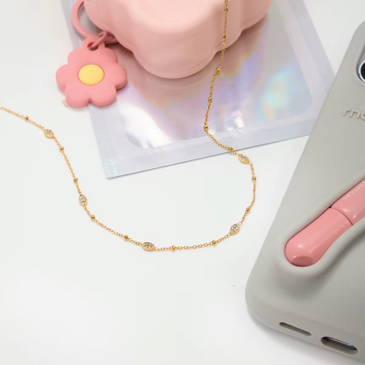 Delicate Gold Crystal Station Necklace – Minimalist Dainty Chain