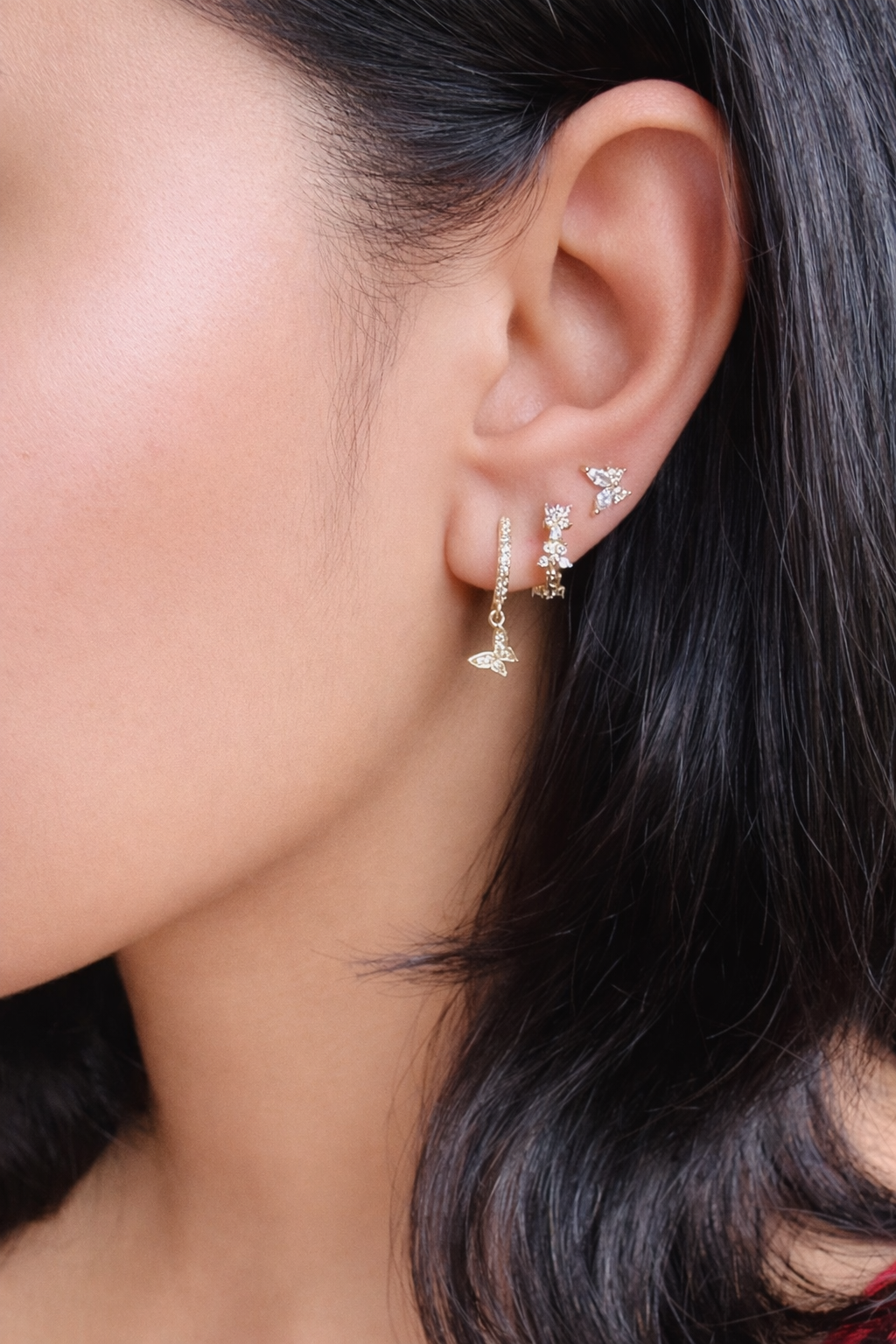 Luna Blossom Butterfly Stud Earrings Set – 18K PVD Gold Plated Crystal Multi Piercing Set