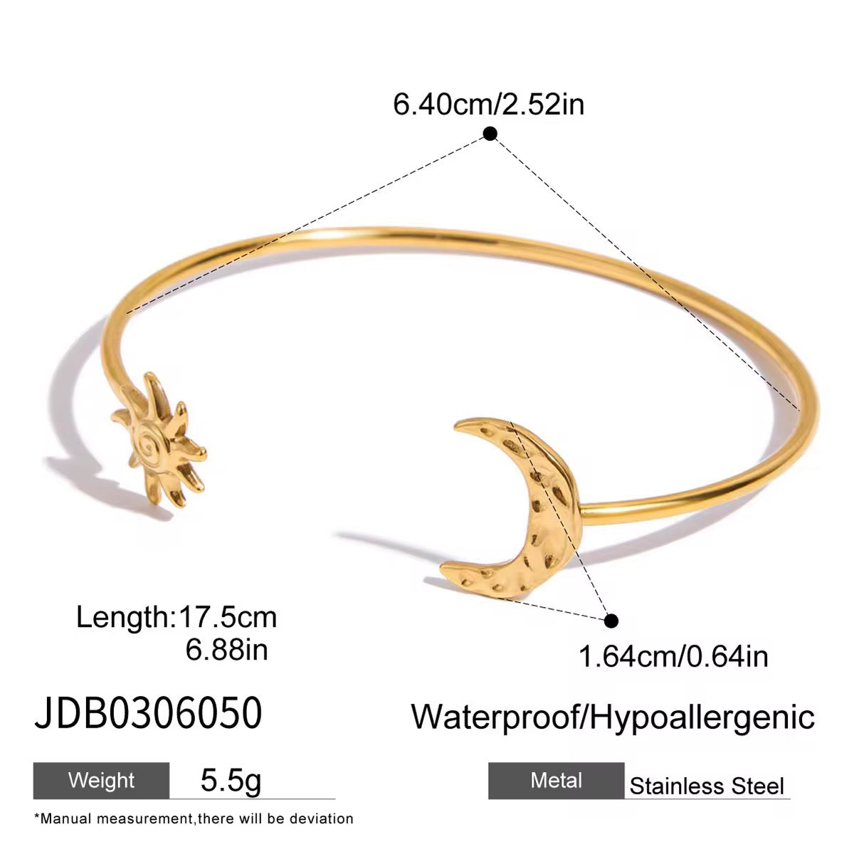 Sun & Moon Cuff Bracelet – 18K PVD Gold Plated Stainless Steel Celestial Bangle