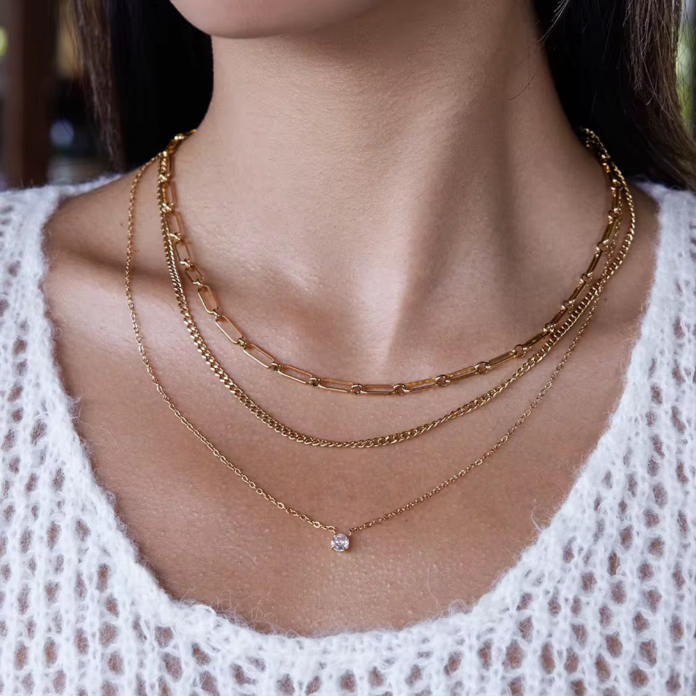 Three Layer Gold Glow Necklace with Cubic Zirconia Pendant – 18K PVD Gold Plated