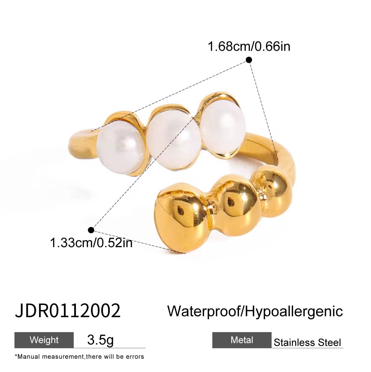 Triple Pearl & Gold Bead Open Ring