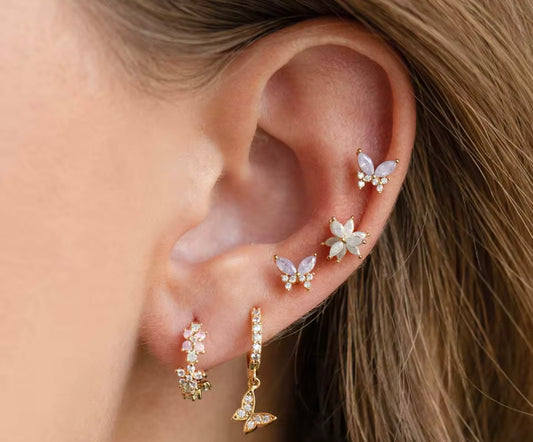 Luna Blossom Butterfly Stud Earrings Set – 18K PVD Gold Plated Crystal Multi Piercing Set