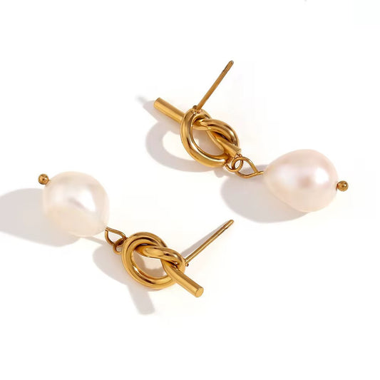 Pearl Knot Drop Earrings – 18K PVD Gold Plated