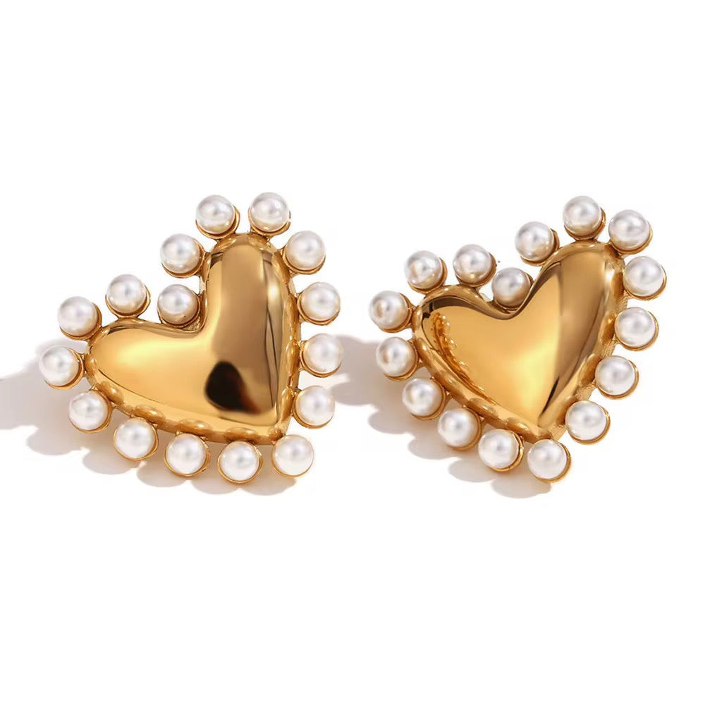 PVD Gold Plated Pearl Heart Stud Earrings – Waterproof Heart Earrings