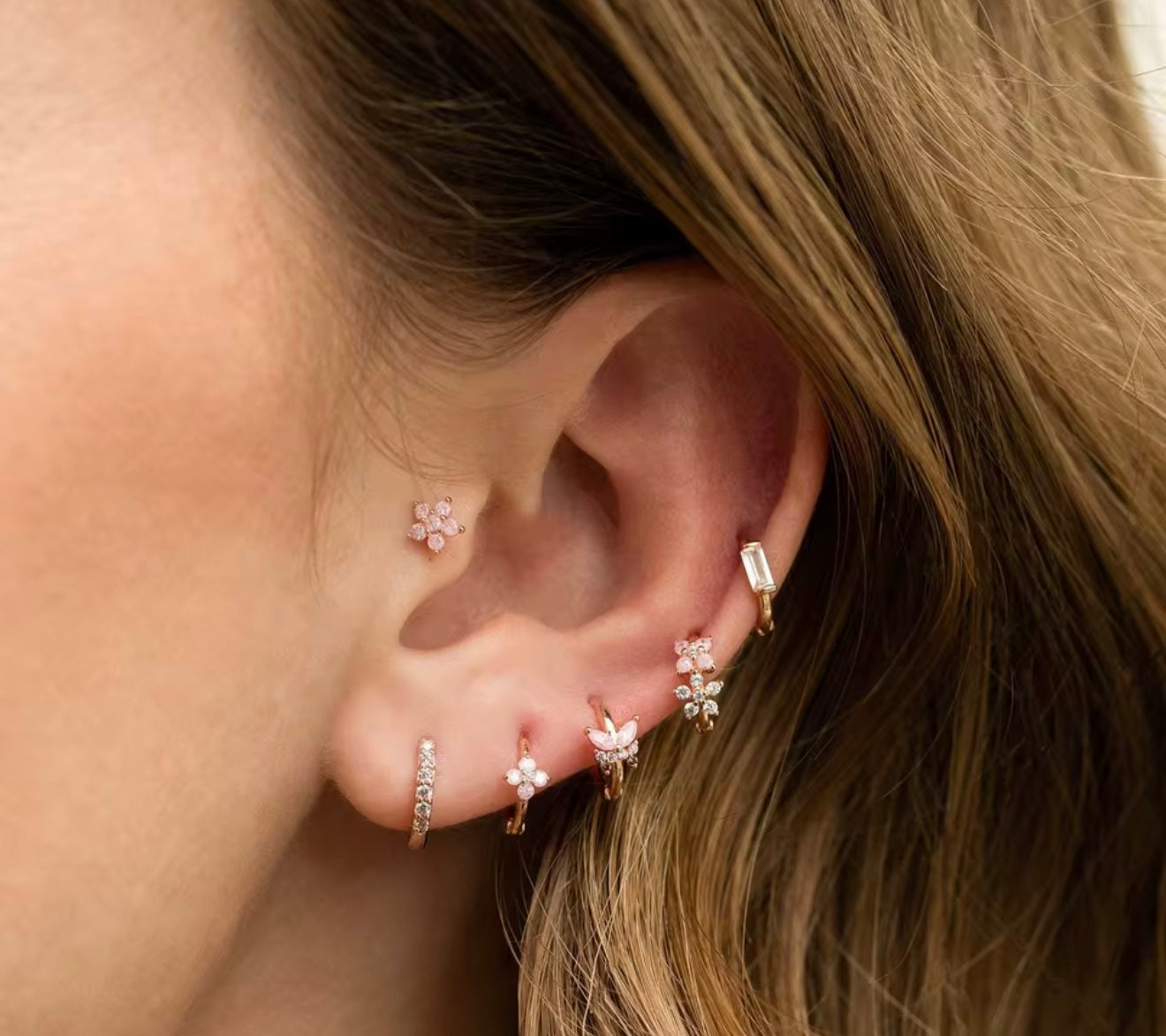 Rose Gold Floral Multi-Piercing Earring Set – 18K PVD Gold Plated CZ Studs & Hoops