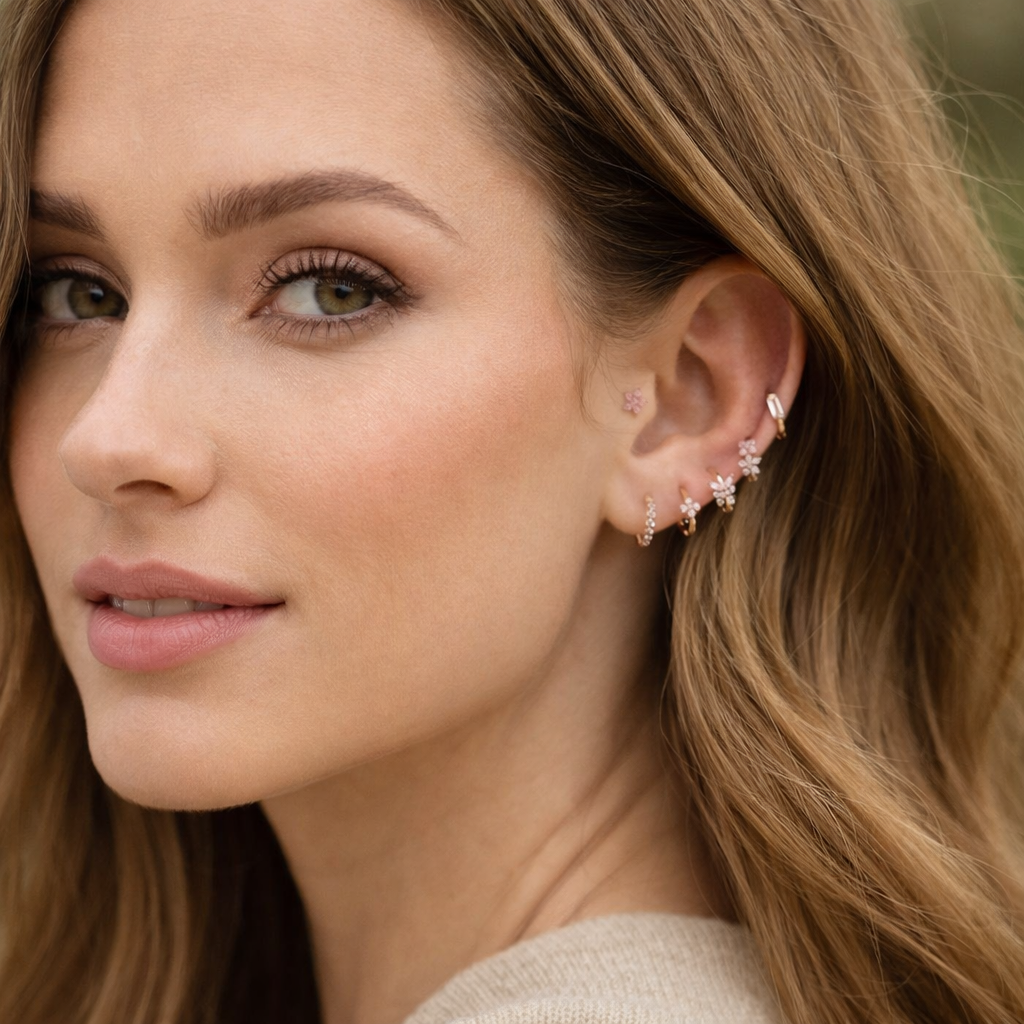 Rose Gold Floral Multi-Piercing Earring Set – 18K PVD Gold Plated CZ Studs & Hoops