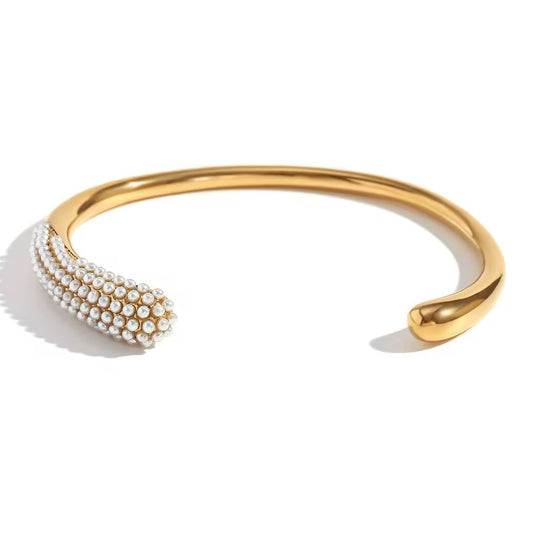 18K PVD Gold Plated Freshwater Pearl Open Cuff Bracelet