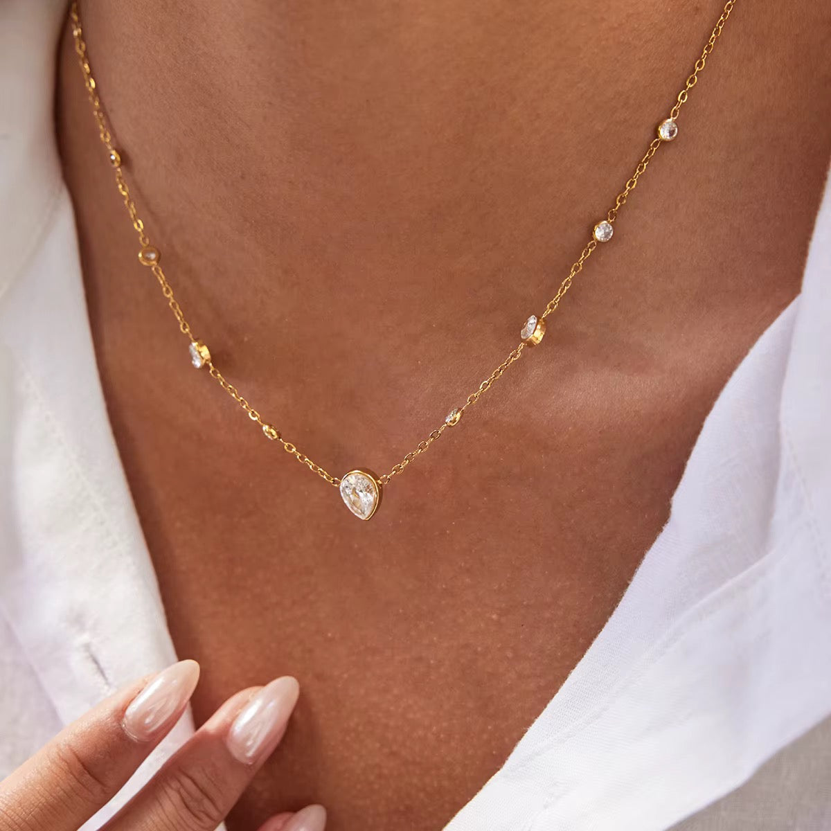 Gold Teardrop Crystal Station Necklace – Dainty Minimalist Gold Necklace | Deligenza Jewellery