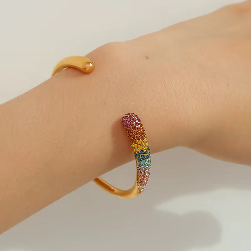 18K PVD Gold Plated Rainbow Crystal Open Cuff Bracelet