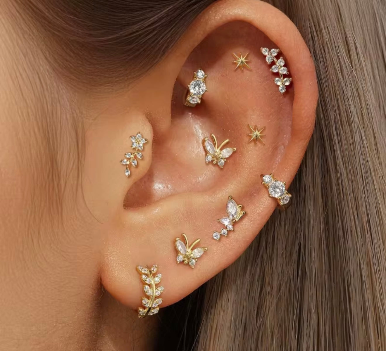 Gold Butterfly & Floral Multi-Piercing Earring Set – 18K PVD Gold Plated CZ Studs