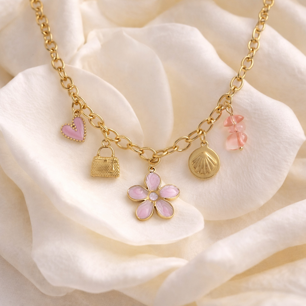 🌸 Rosé Garden Charm Necklace🌸 – Waterproof 18K Gold plated Chain