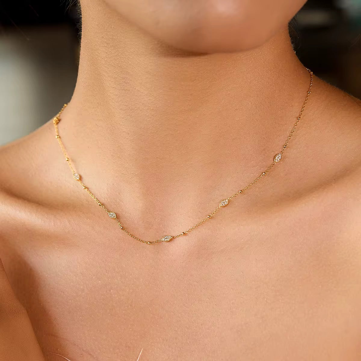 Delicate Gold Crystal Station Necklace – Minimalist Dainty Chain