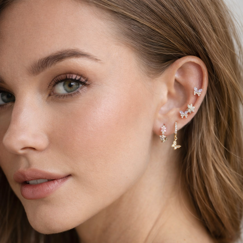 Luna Blossom Butterfly Stud Earrings Set – 18K PVD Gold Plated Crystal Multi Piercing Set