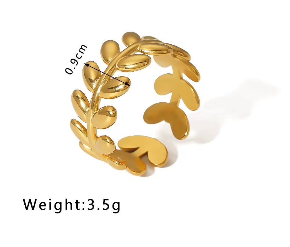 Golden Laurel Leaf Ring – 18K PVD Gold Plated Adjustable Band