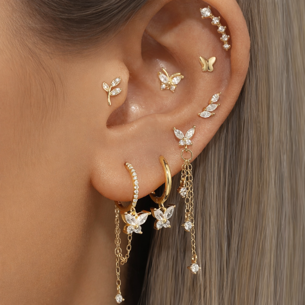 Gold Butterfly Chain Drop Earring Set – 18K PVD Gold Plated CZ Multi-Piercing Earrings