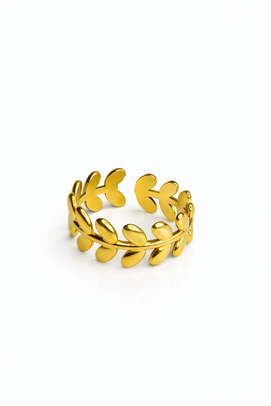 Golden Laurel Leaf Ring – 18K PVD Gold Plated Adjustable Band