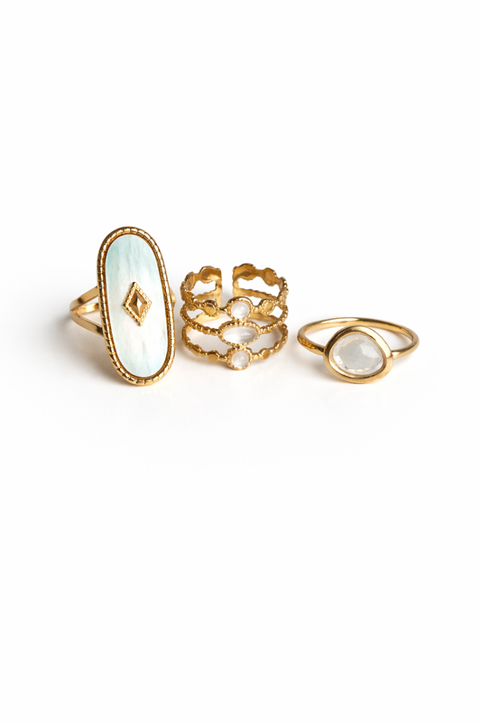 Celestial Glow Ring Trio – 18K Gold PVD Adjustable Ring Set