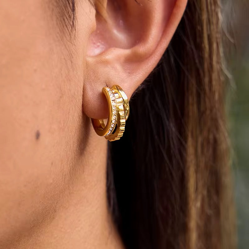 Gold Double Huggie Hoop Earrings – Crystal Layered Hoop Earrings | Deligenza Jewellery