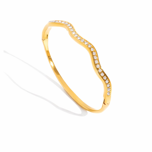 Deligenza Wave Crystal Bangle – 18K Gold PVD Stainless Steel Waterproof Bracelet
