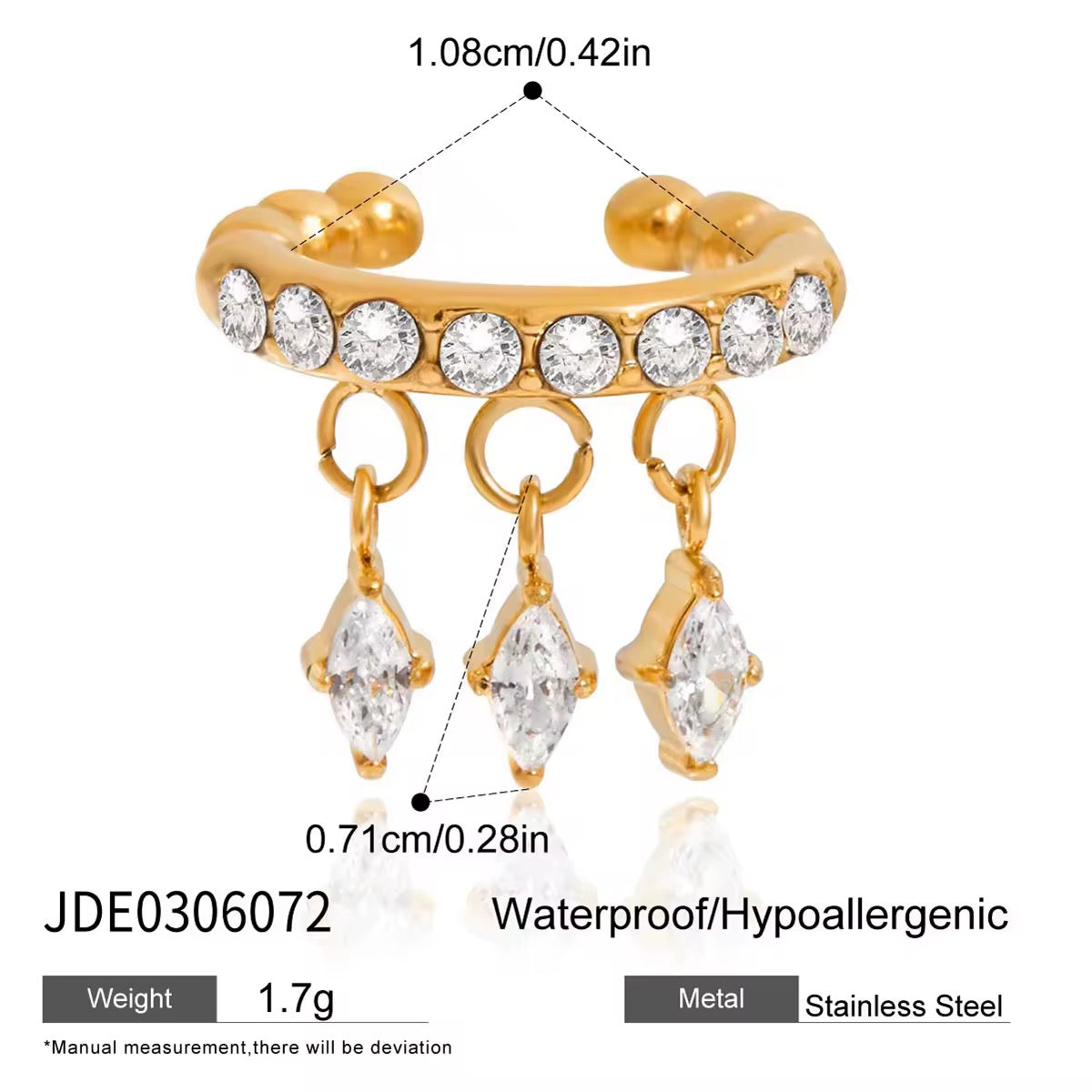 Crystal Charm Ear Cuff – 18K Gold PVD Stainless Steel No-Piercing Earring