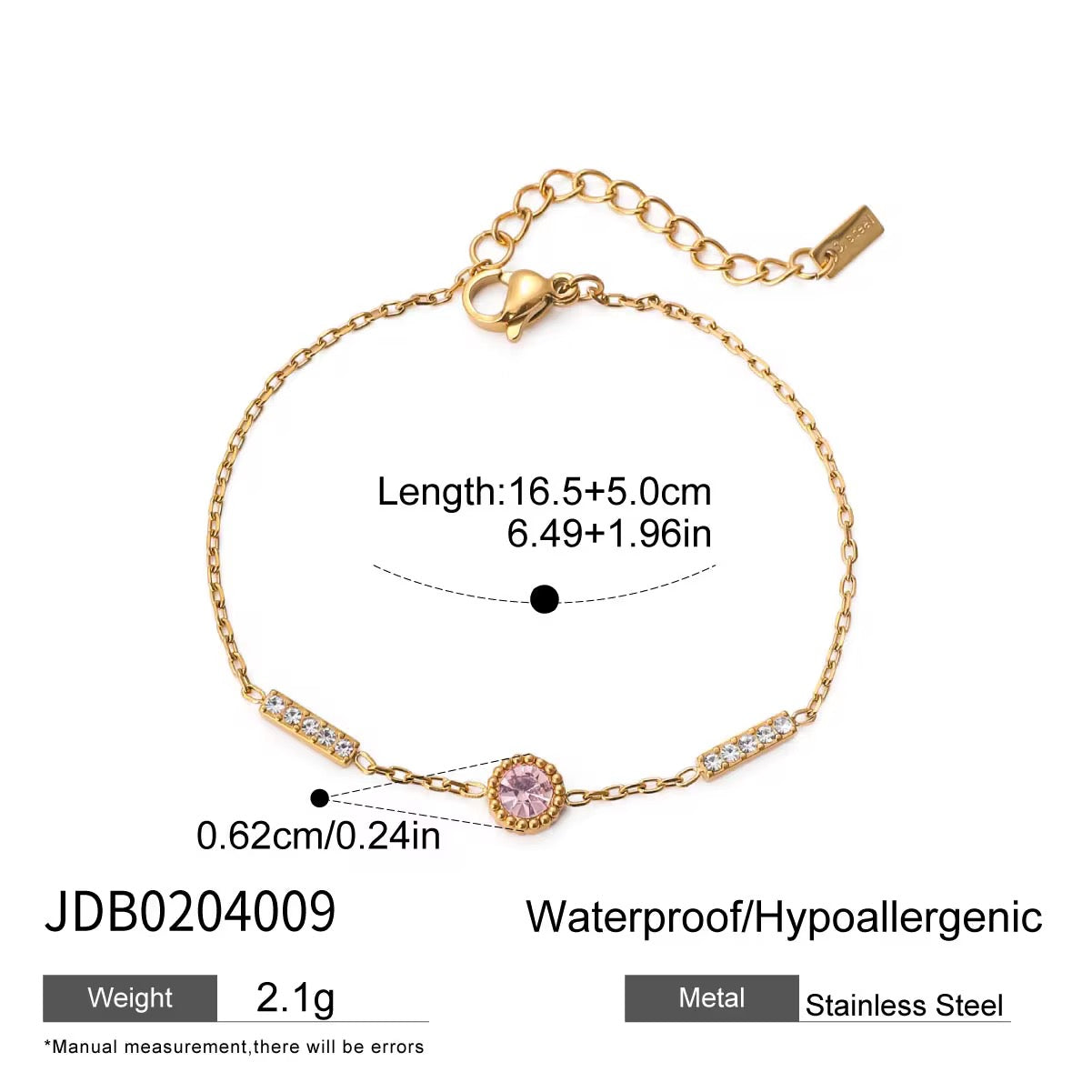 Pink Crystal 18k PVd Gold played Bracelet – Adjustable Stainless Steel Waterproof Bracelet