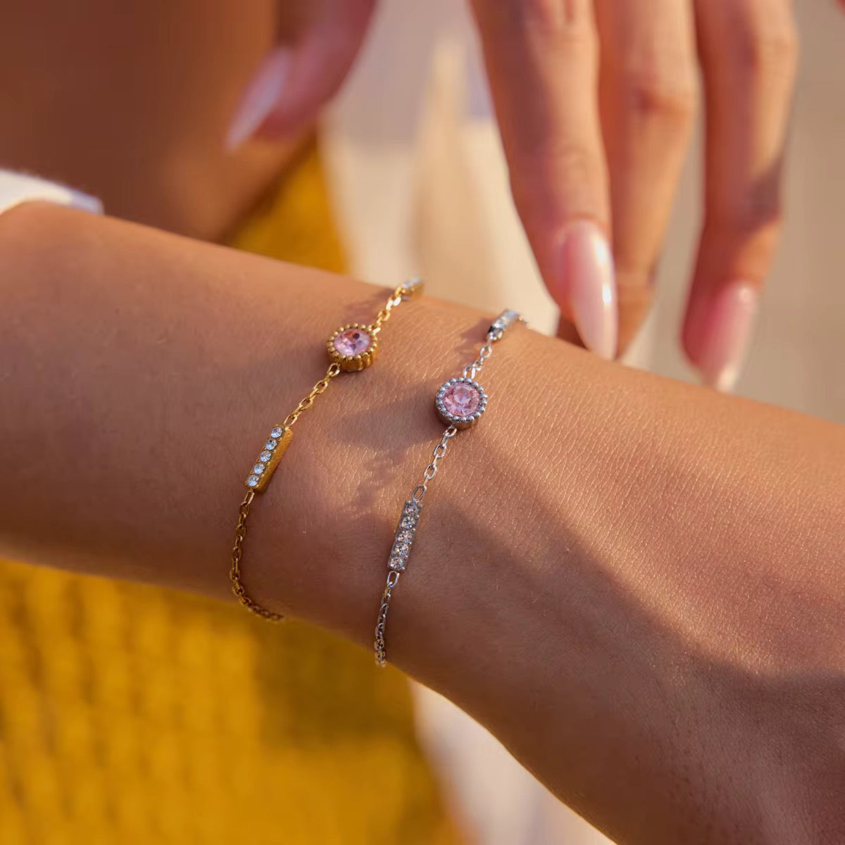 Pink Crystal 18k PVd Gold played Bracelet – Adjustable Stainless Steel Waterproof Bracelet
