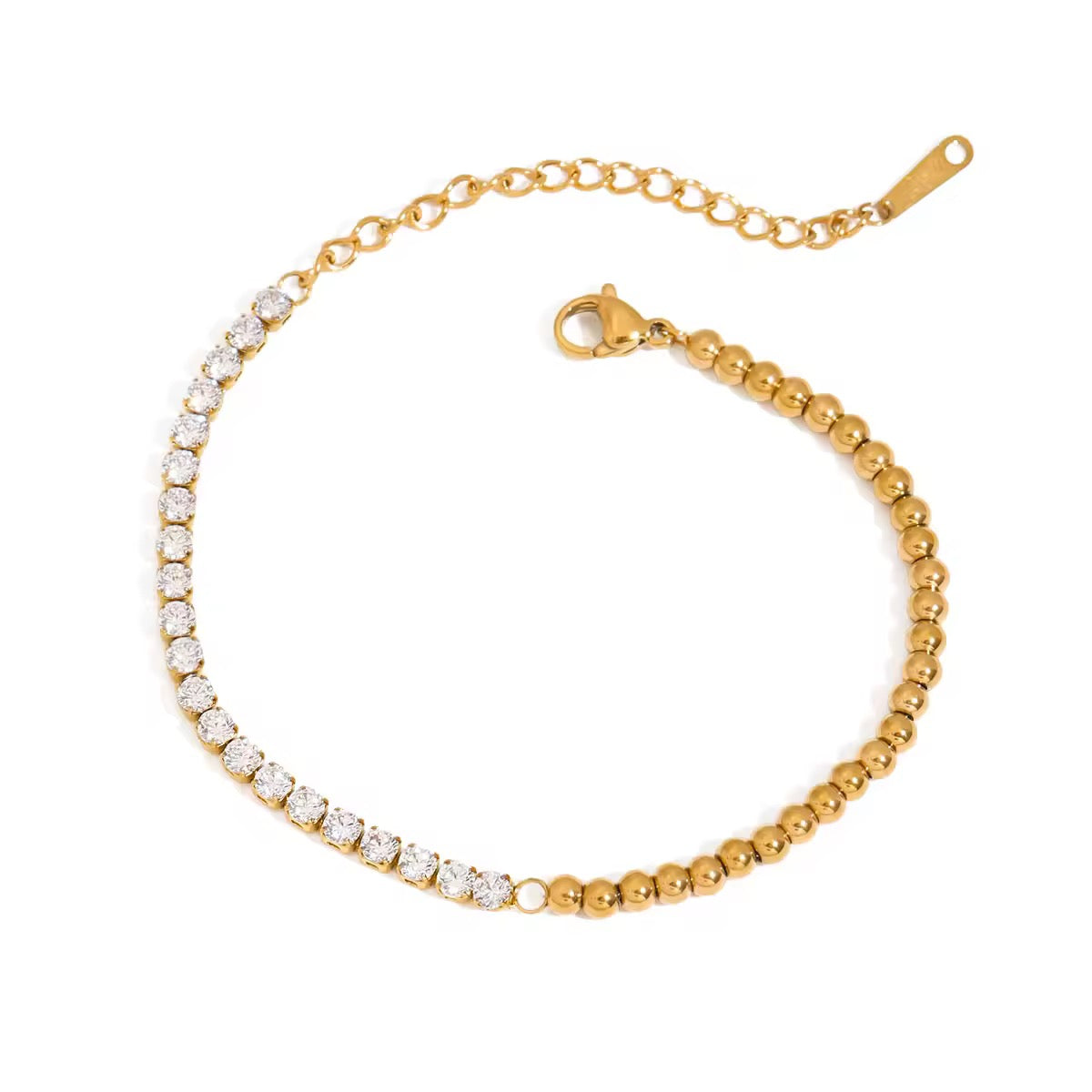 Gold Half Tennis Beaded Bracelet – Waterproof Stainless Steel Crystal Bracelet