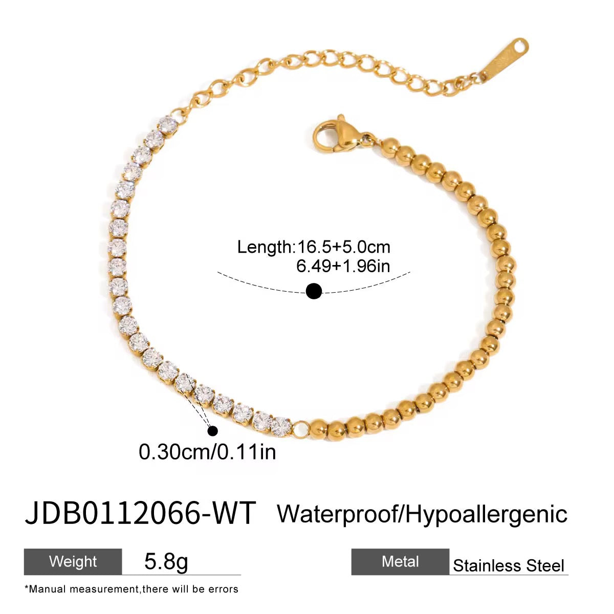 Gold Half Tennis Beaded Bracelet – Waterproof Stainless Steel Crystal Bracelet