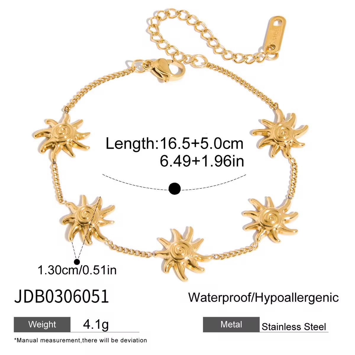 Sun Charm Bracelet – 18K PVD Gold Plated Stainless Steel Waterproof Bracelet