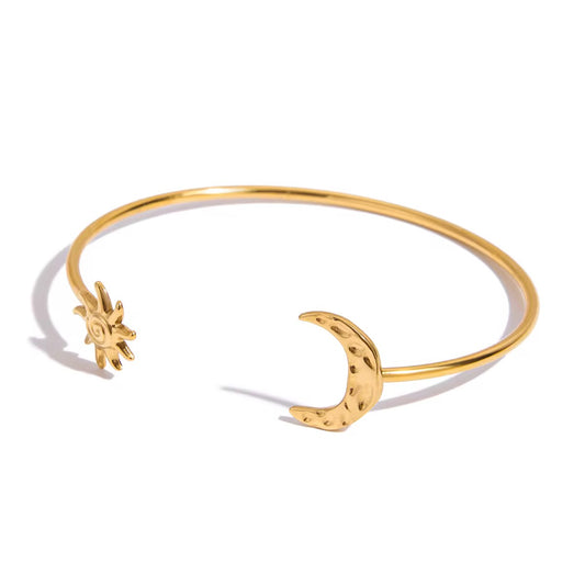 Sun & Moon Cuff Bracelet – 18K PVD Gold Plated Stainless Steel Celestial Bangle