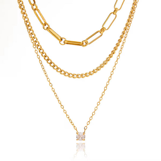Three Layer Gold Glow Necklace with Cubic Zirconia Pendant – 18K PVD Gold Plated
