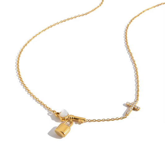 Gold Key & Lock Cross Necklace with Cubic Zirconia – Minimalist 18K Gold Plated Charm Necklace