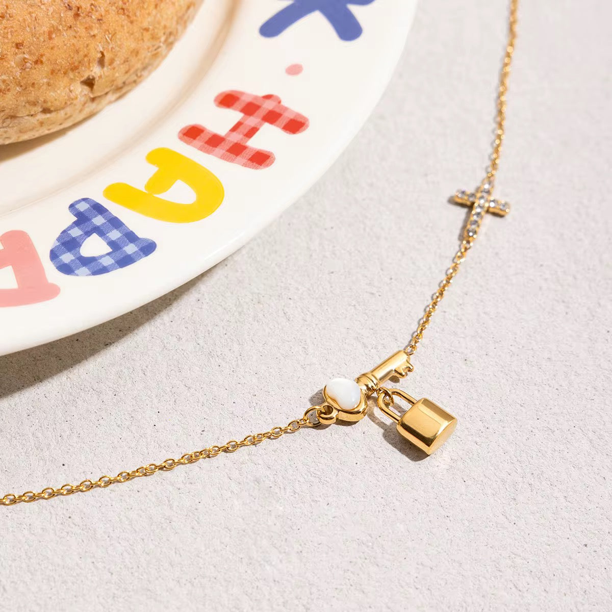 Gold Key & Lock Cross Necklace with Cubic Zirconia – Minimalist 18K Gold Plated Charm Necklace