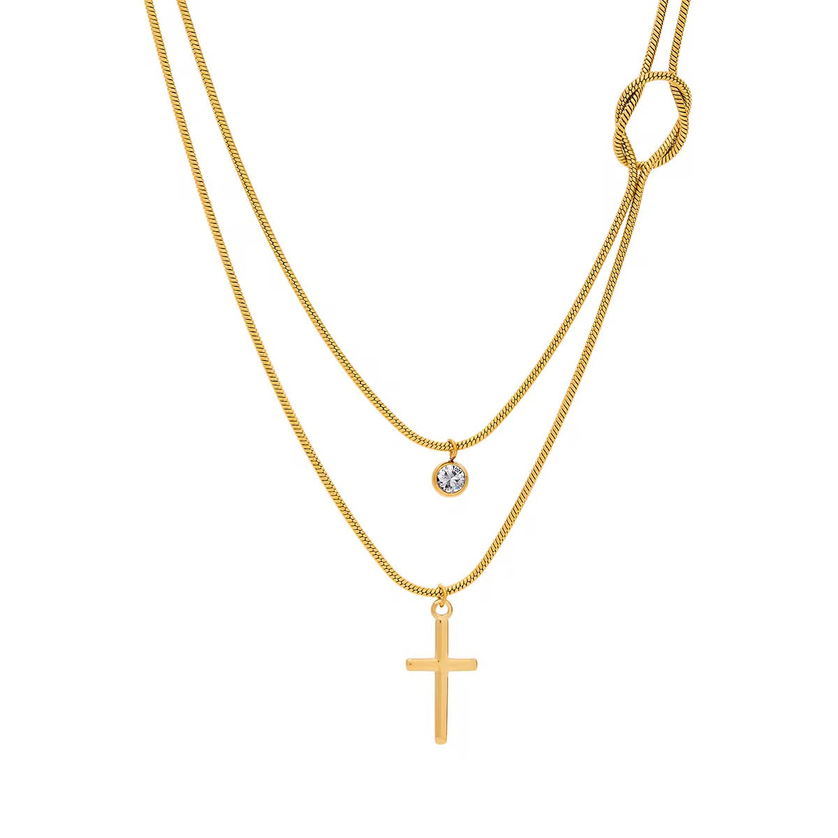 Layered Gold Cross Necklace with Cubic Zirconia Pendant – Double Chain Adjustable 18K PVD Gold Plated Necklace