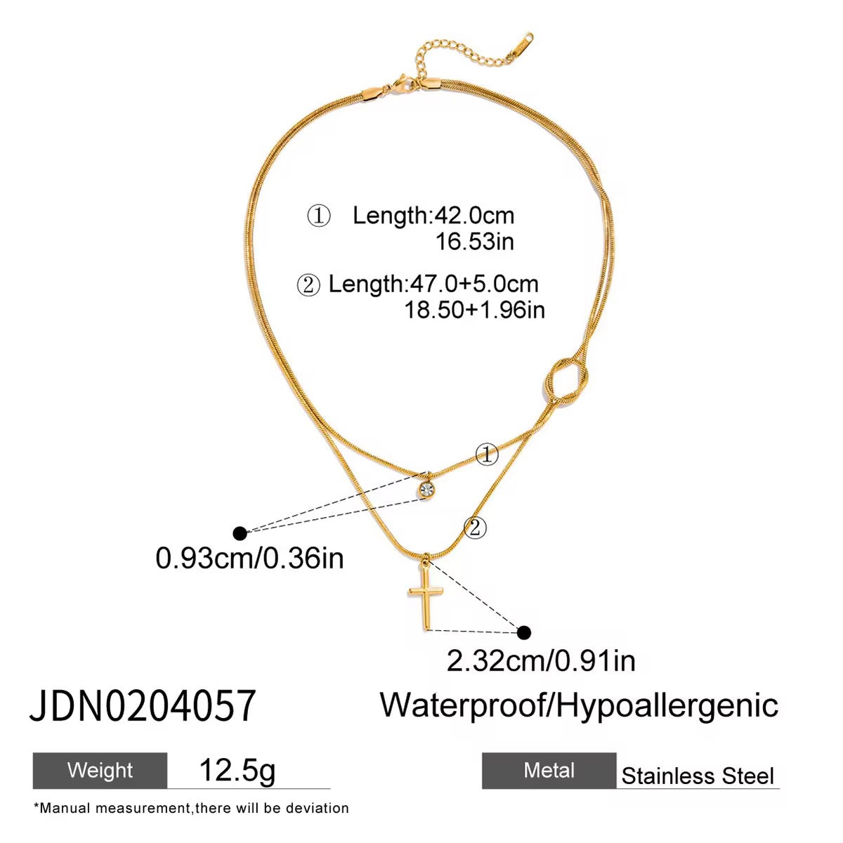 Layered Gold Cross Necklace with Cubic Zirconia Pendant – Double Chain Adjustable 18K PVD Gold Plated Necklace