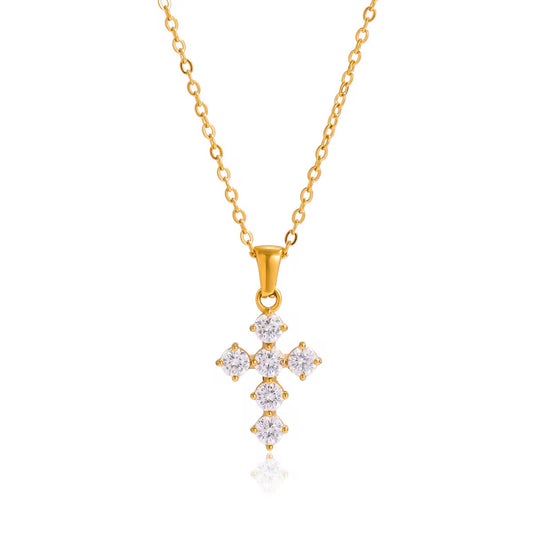 Gold Cubic Zirconia Cross Necklace – Dainty 18K PVD Gold Plated Pendant Necklace