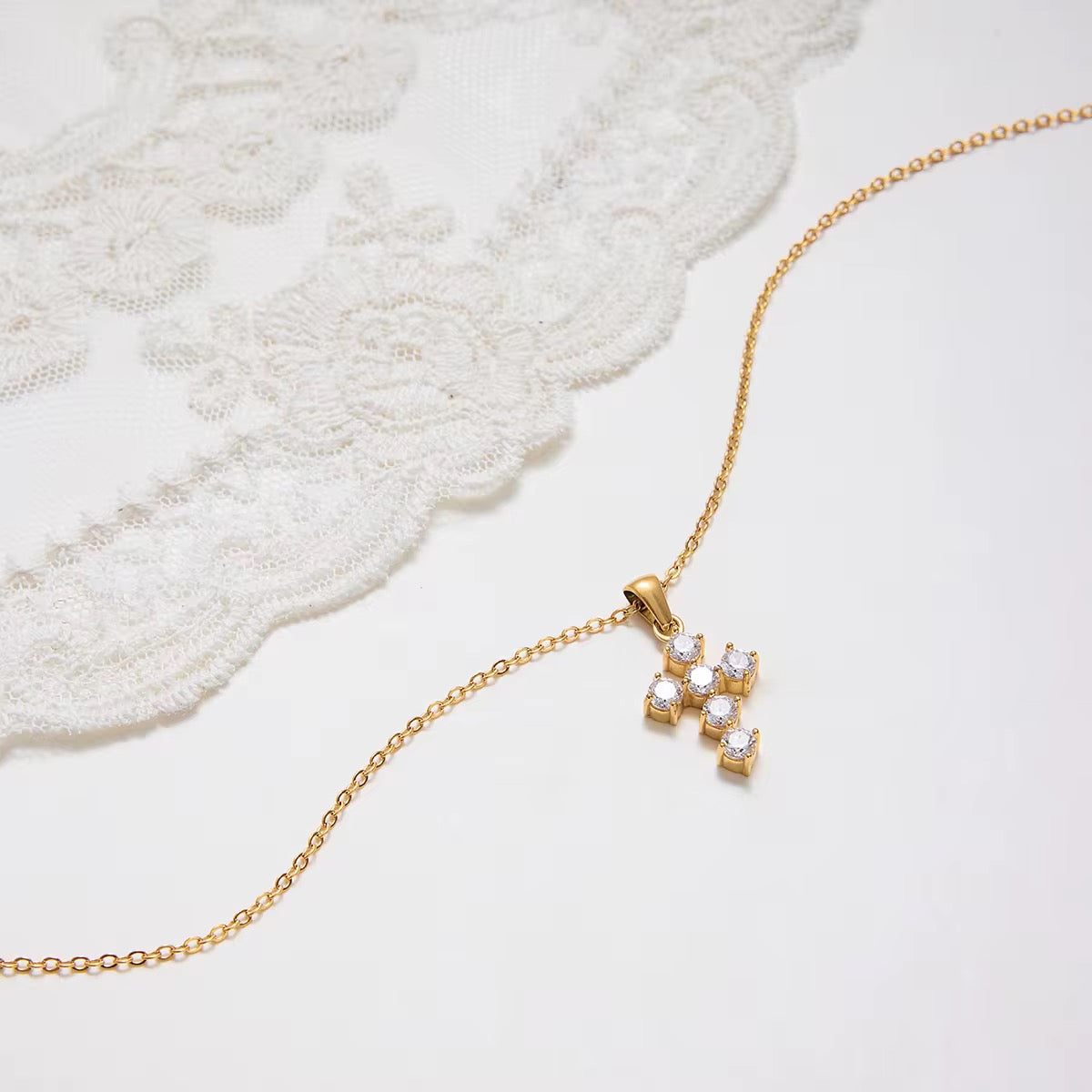 Gold Cubic Zirconia Cross Necklace – Dainty 18K PVD Gold Plated Pendant Necklace