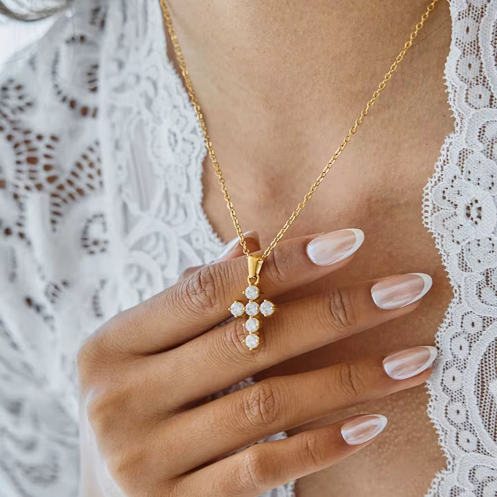 Gold Cubic Zirconia Cross Necklace – Dainty 18K PVD Gold Plated Pendant Necklace