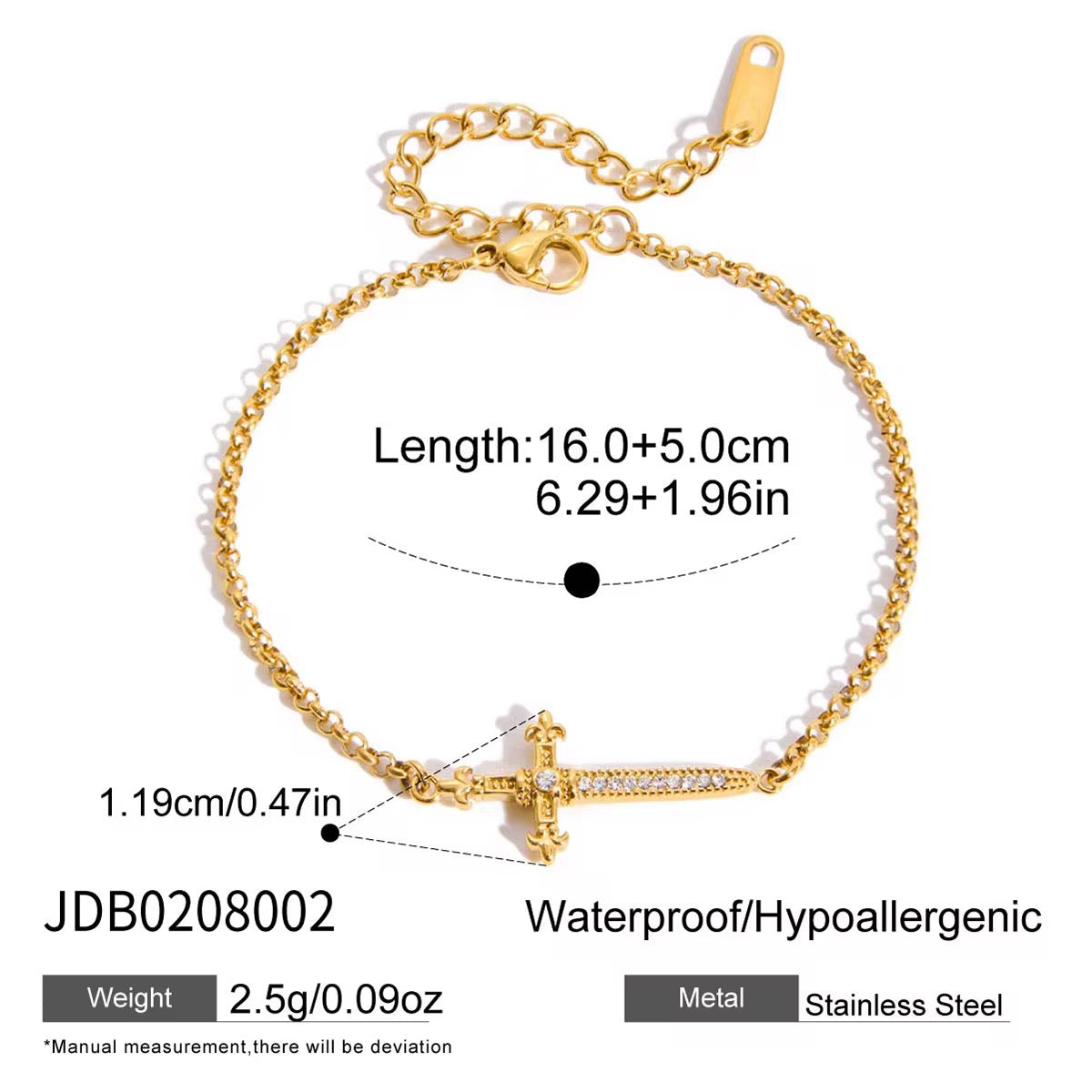 Gold Dagger Bracelet with CZ Stones – 18K PVD Stainless Steel Waterproof Luxury Chain Bracelet