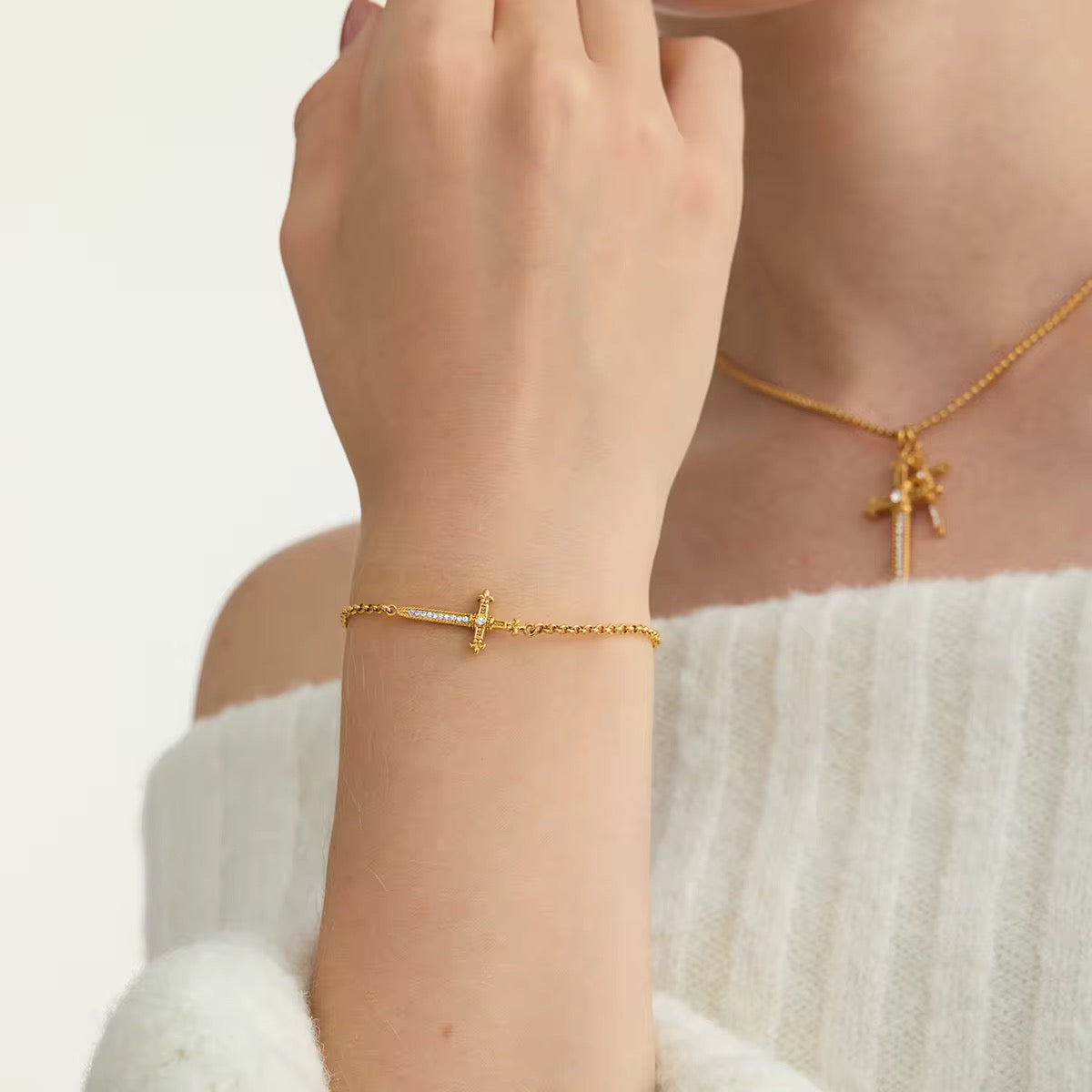 Gold Dagger Bracelet with CZ Stones – 18K PVD Stainless Steel Waterproof Luxury Chain Bracelet