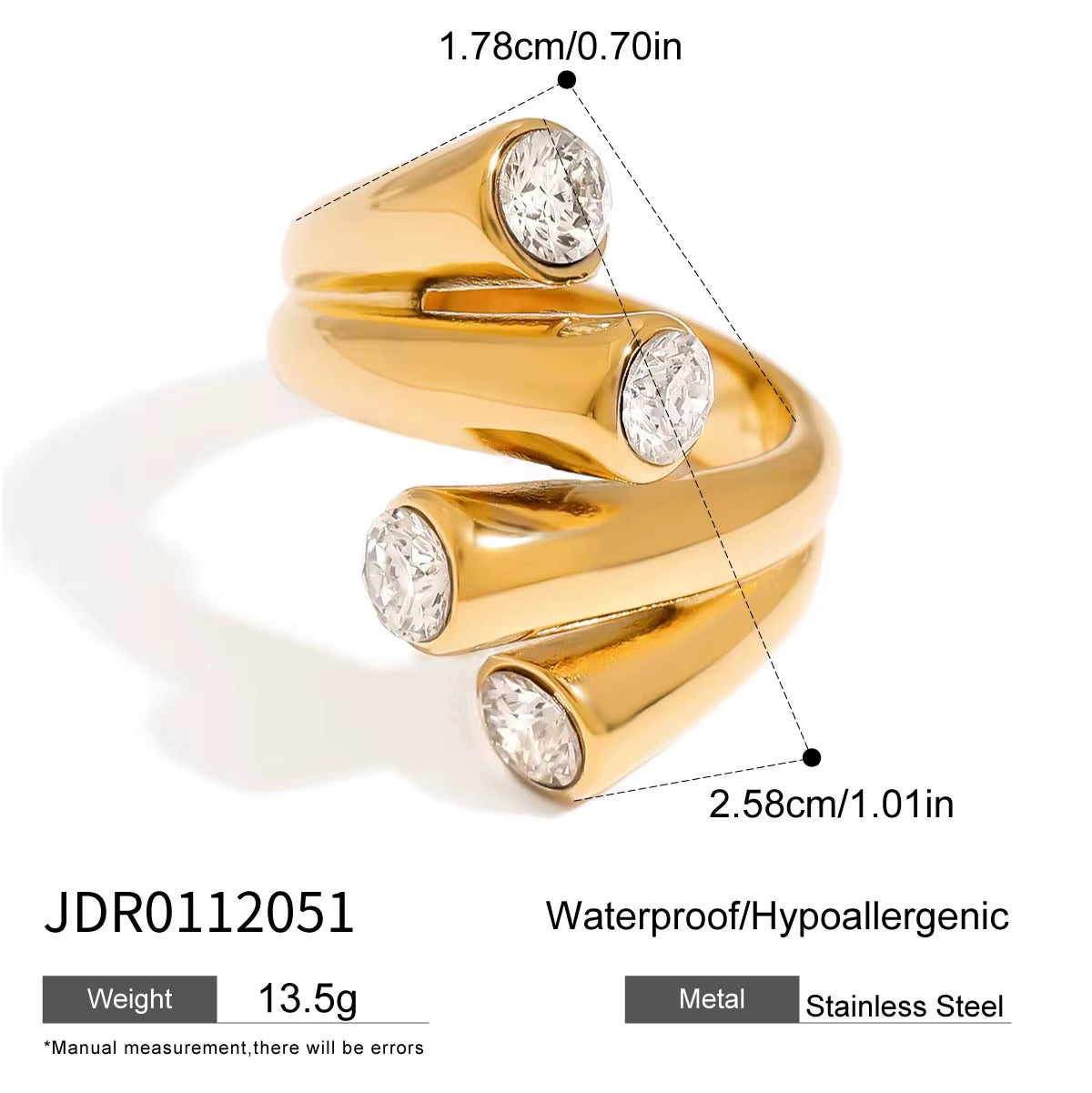 Wrap Ring with Cubic Zirconia – Adjustable Waterproof Statement Ring - 18K Gold PVD Stainless Steel