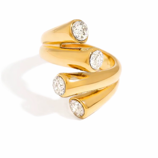 Wrap Ring with Cubic Zirconia – Adjustable Waterproof Statement Ring - 18K Gold PVD Stainless Steel