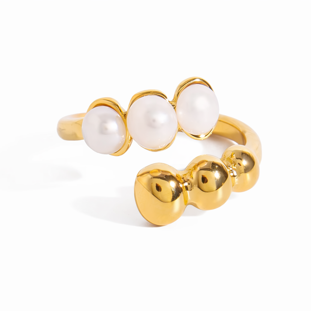 Triple Pearl & Gold Bead Open Ring