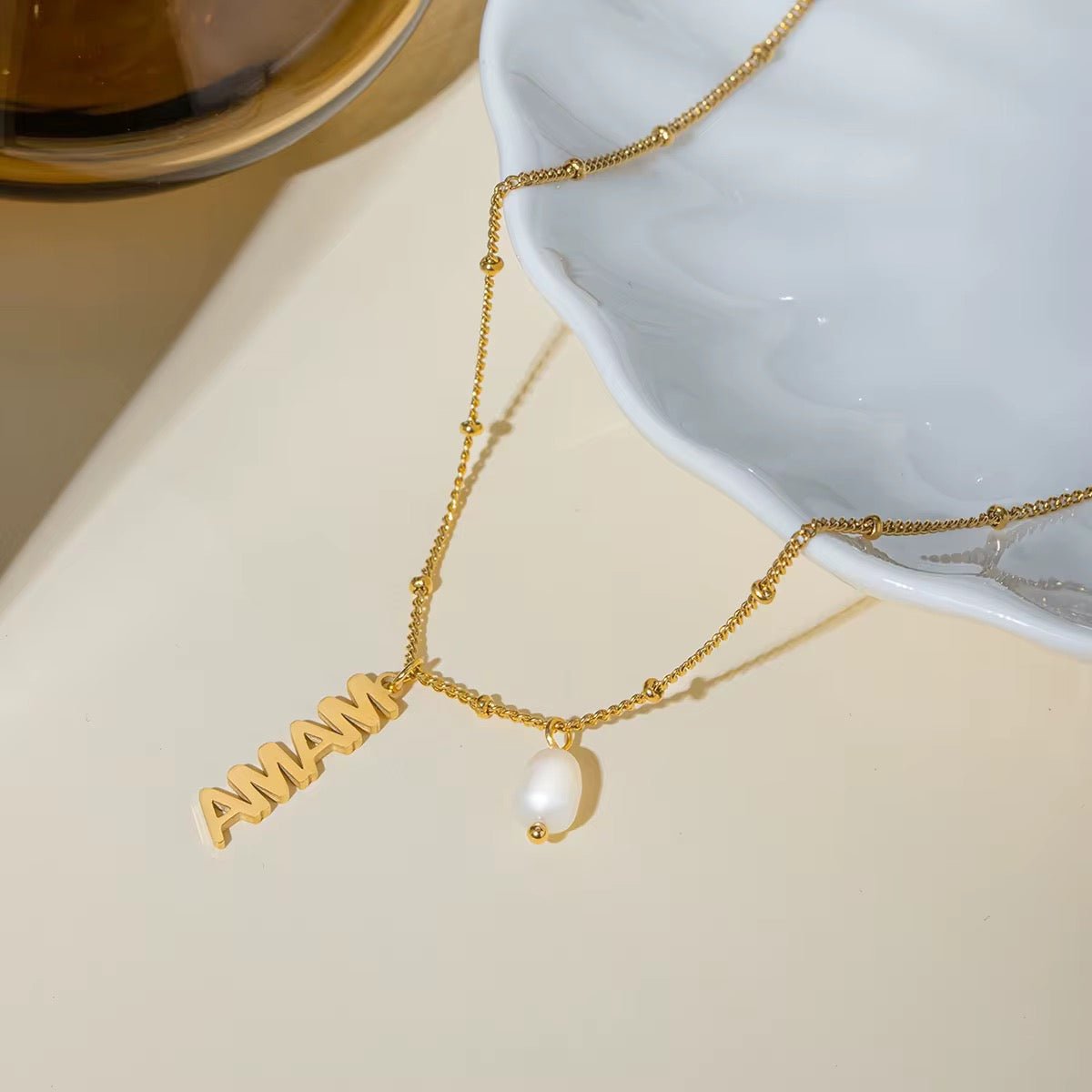 MAMA Pendant Necklace - 18K PVD Gold Plated Stainless Steel with Pearl