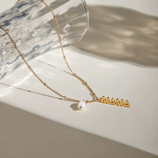 MAMA Pendant Necklace - 18K PVD Gold Plated Stainless Steel with Pearl