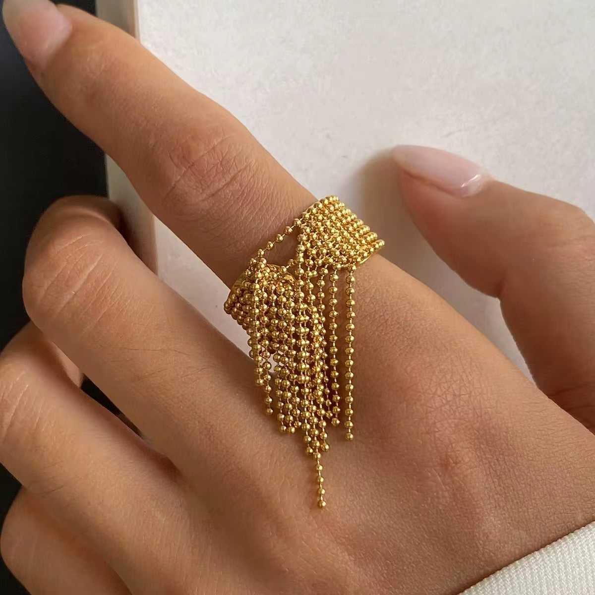 18k PVD Gold Tassel Statement Ring